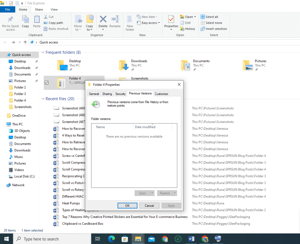 click the previous versions tab to recover overwritten files