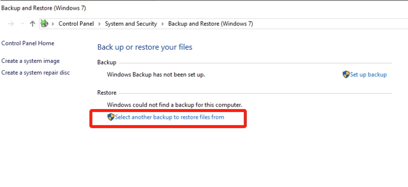 Select another backup to restore files from