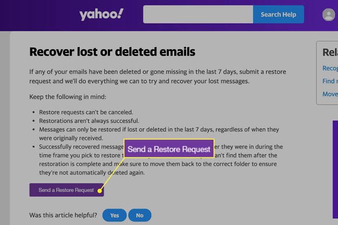 submit yahoo email restore request to recover deleted emails