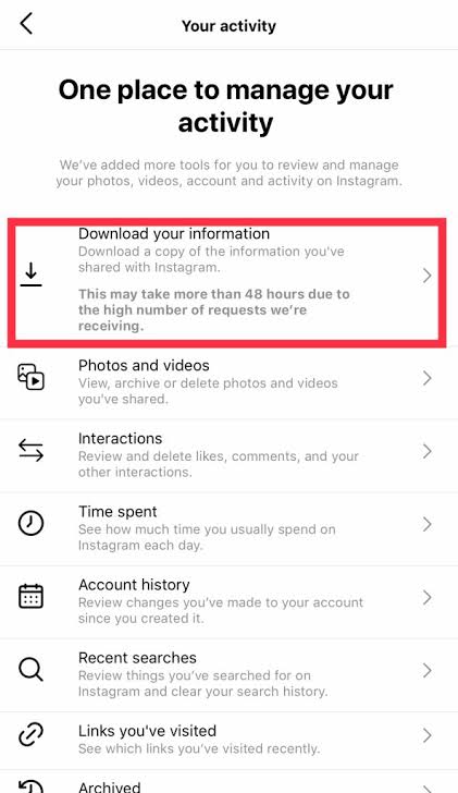 the screenshot of clicking the download your information on Instagram