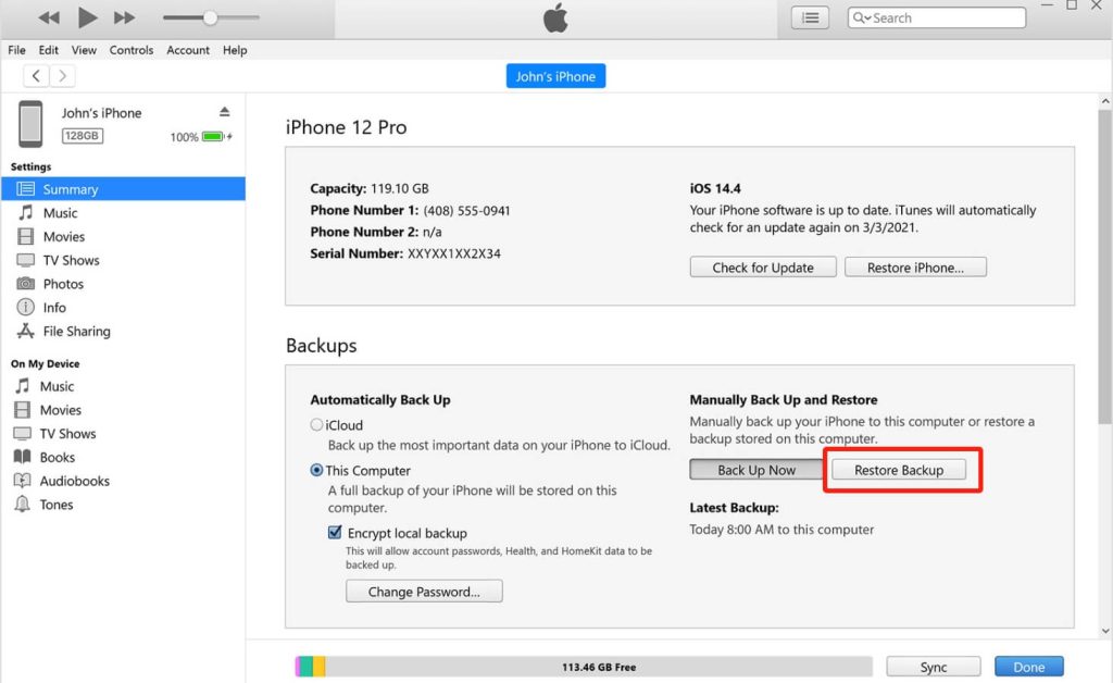 itunes restore and backup