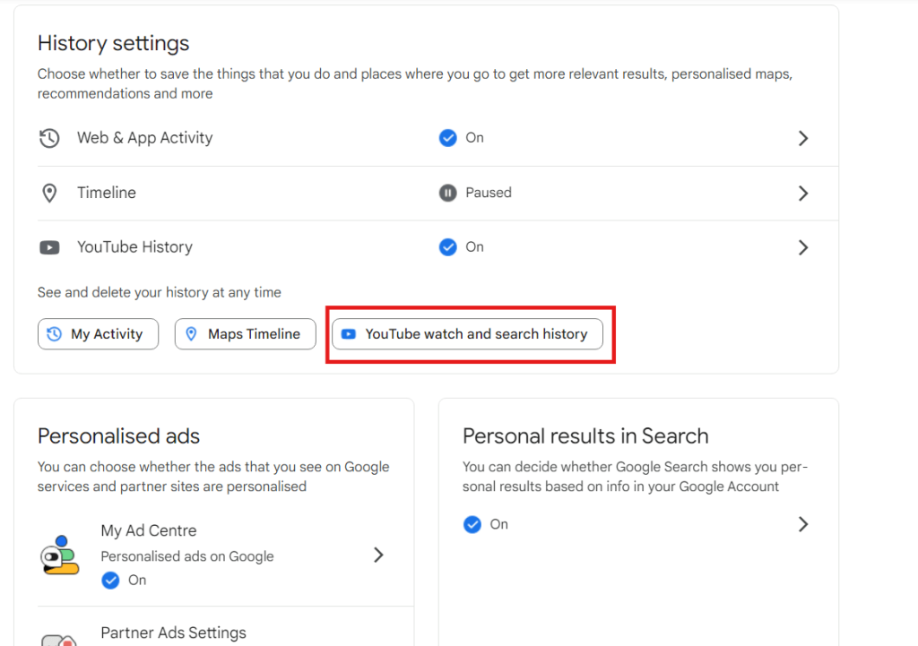 youtube watch and search history button