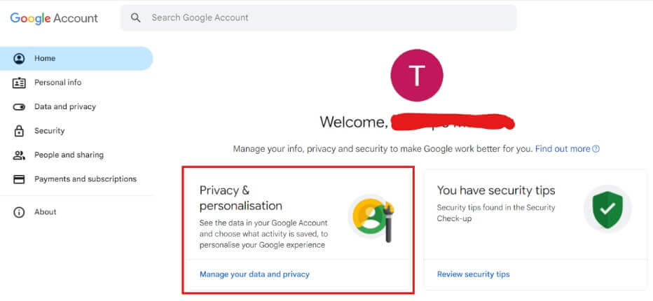 google account privacy&personalisation button