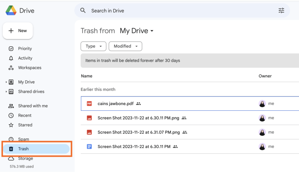 google drive trash button