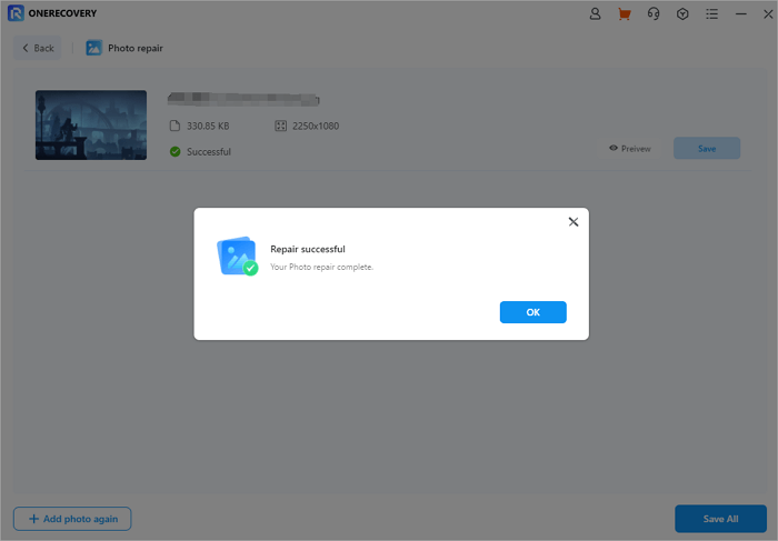 onerecovery repair photos successfully