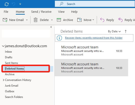 open outlook deleted item folder