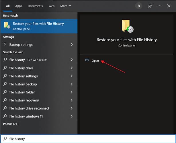 Open Restore your files with File History