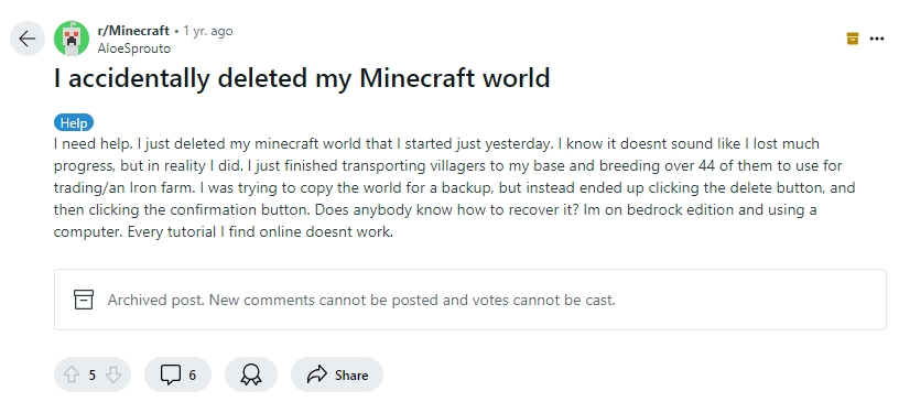 reddit users complain lossing minecraft world