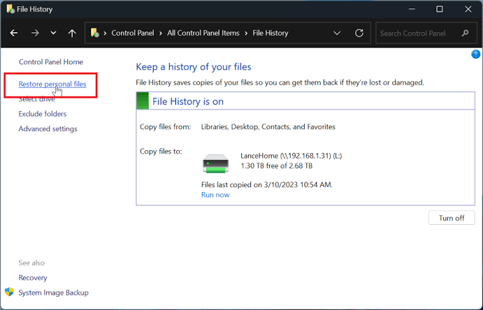 restore personal files button