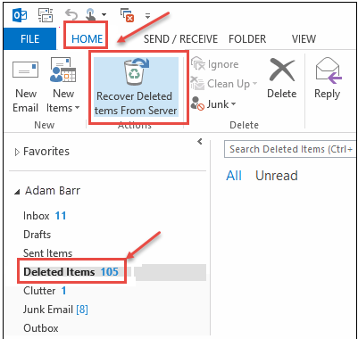 select outlook the Recover Deleted Items