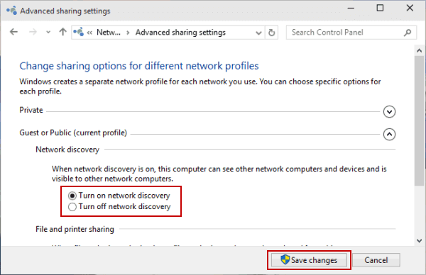 Turn on network discovery option