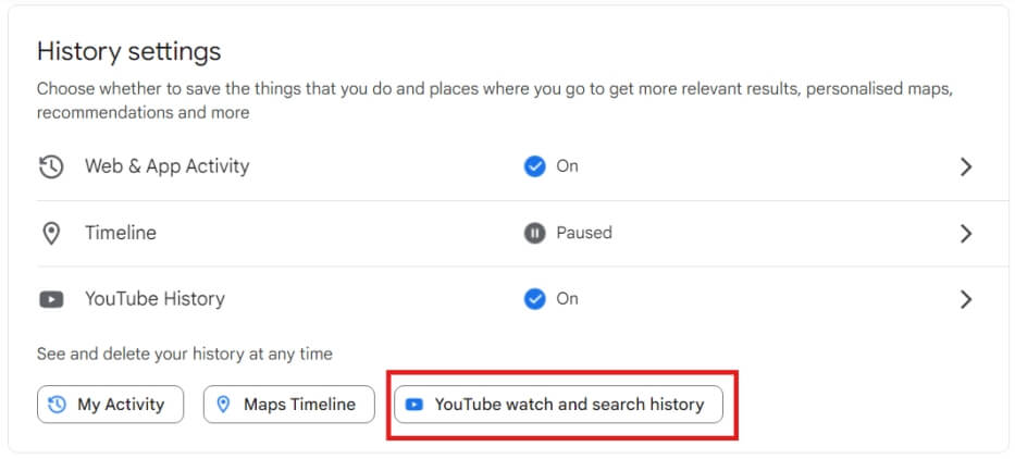 youtube history settings