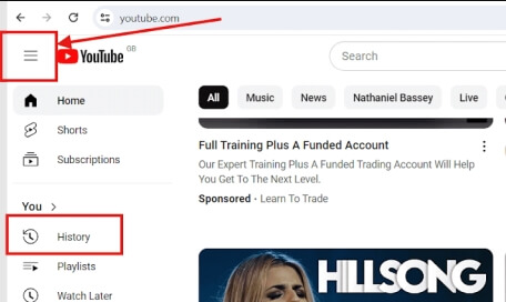 click youtube history button