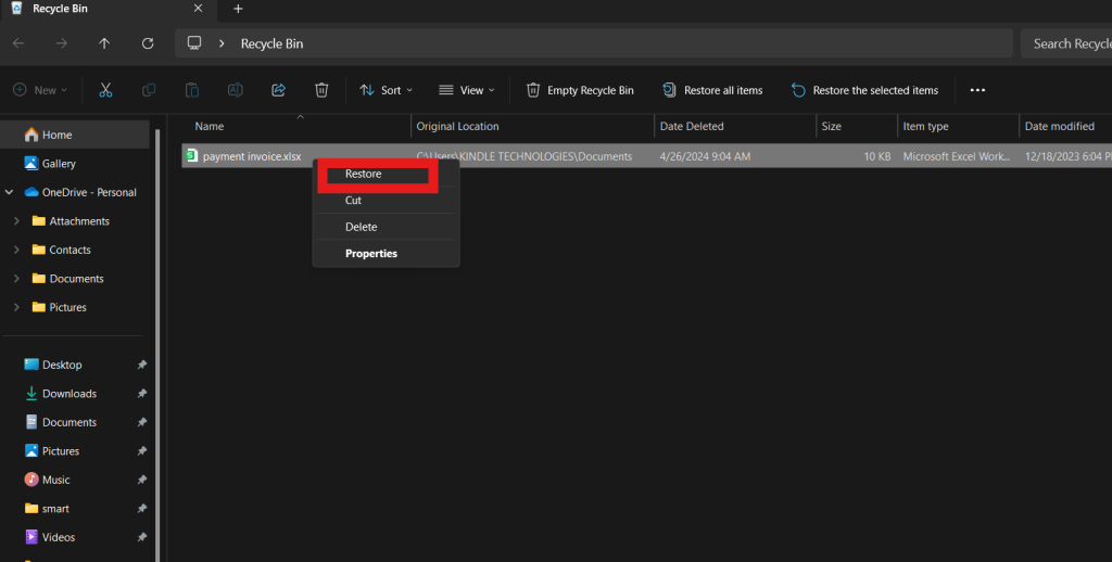 click the restore button to recover deleted excel file through recycle bin