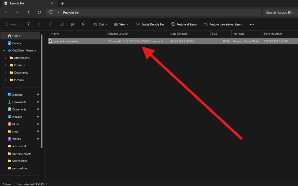 use recycle bin to restore deleted excel files