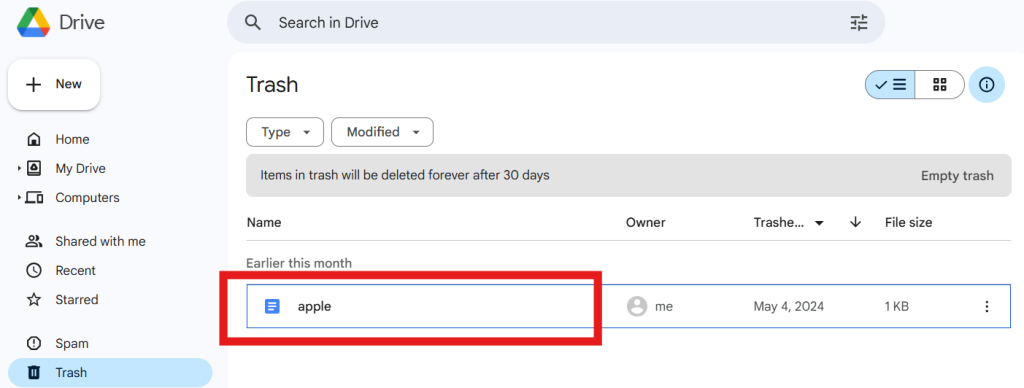 Locate the deleted google drive file in trash