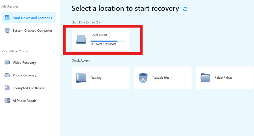 onedrive select location using onerecovery