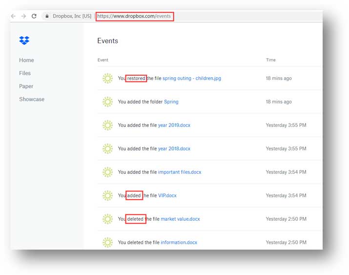 Use the Events Page Feature to Recover Dropbox Deleted Files