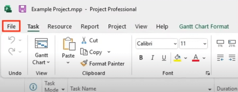 file button on ms project