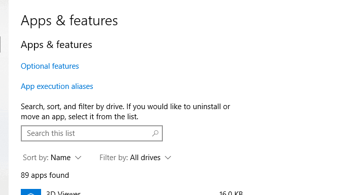 apps and features setting