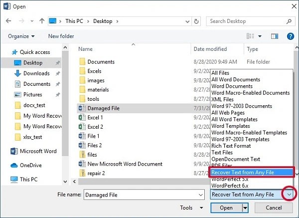 choose recover text from any file