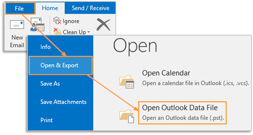 choose the Open Outlook data file option