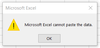 excel cannot paste the data