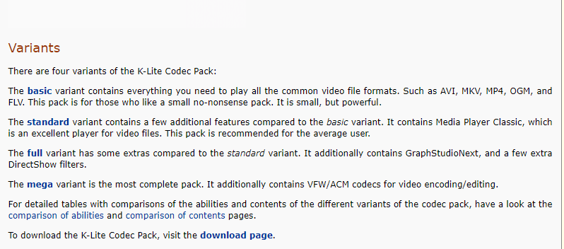 klite codec pack varient