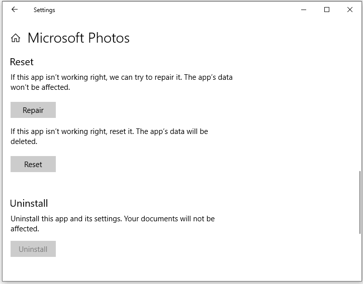 microsoft photos reset setting