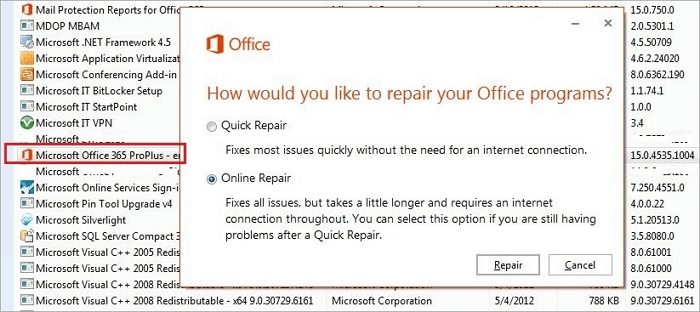 repair microsoft office program