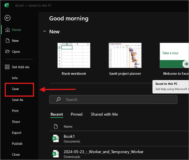 save settings  of excel