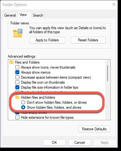 Show hidden files, folders, and drives