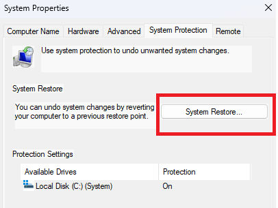 system restore option in properties