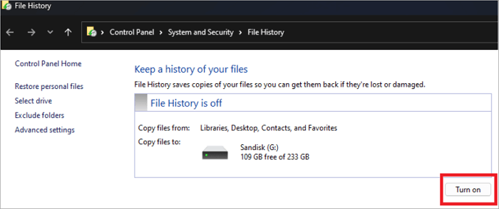 turn on file history on windows