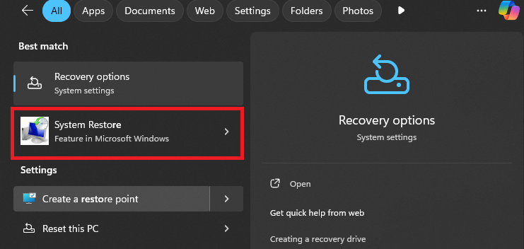 type system restore in the search bar