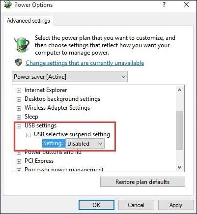 turn off usb power saving settings