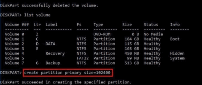 create primary partition primary size