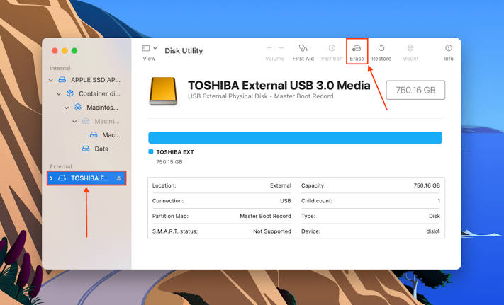 choose toshiba and click erase