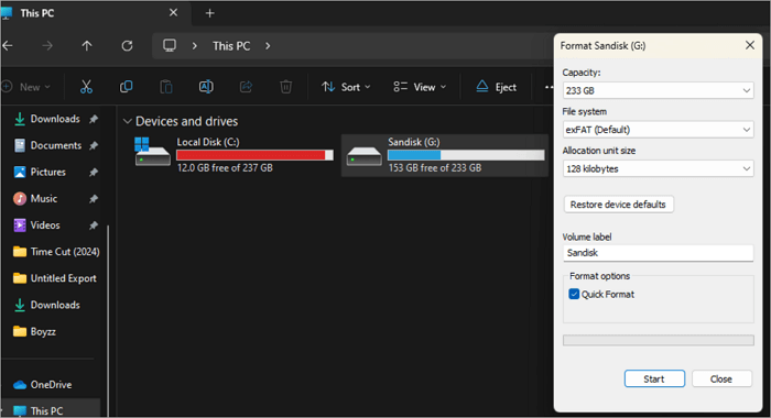 reformat usb thumb drive with file explorer