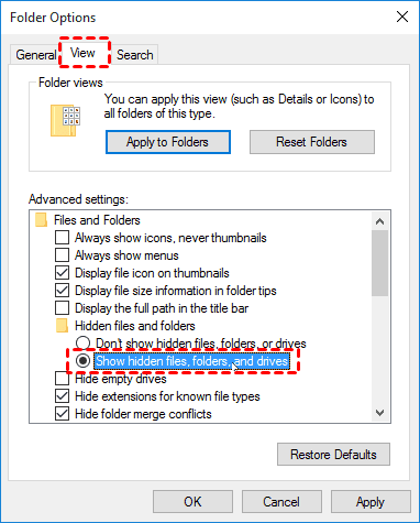 tick the Show hidden files, folders, and drives button