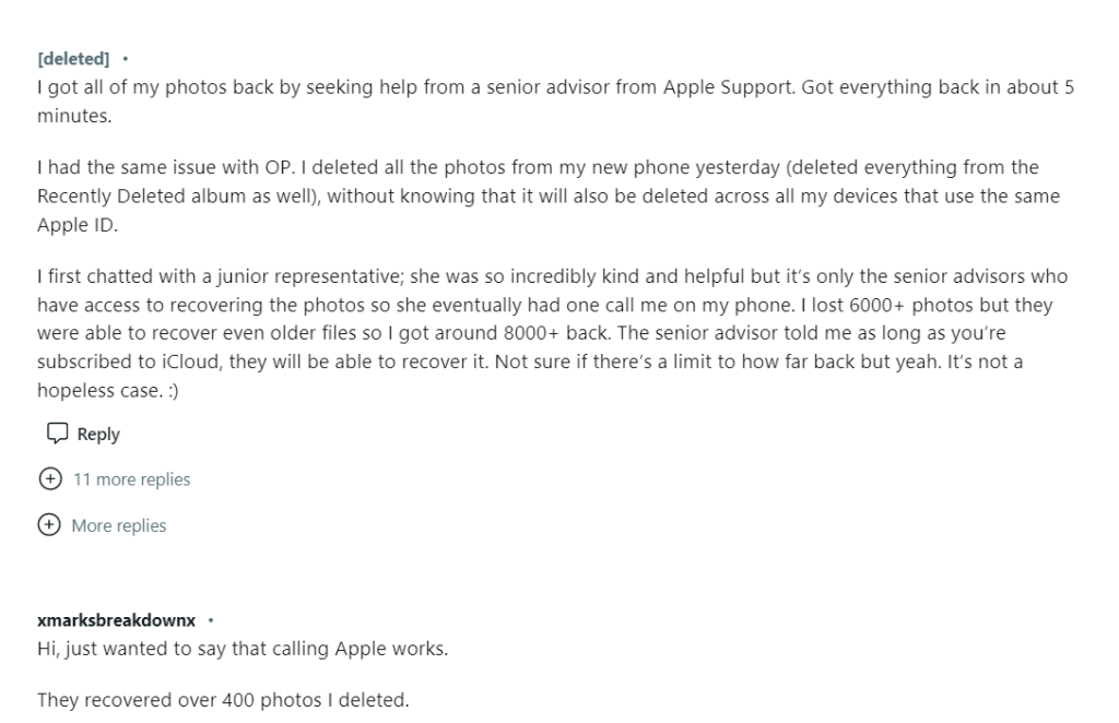 call apple support to recover deleted icloud photos