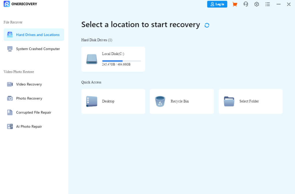 select location to scan using onerecovery