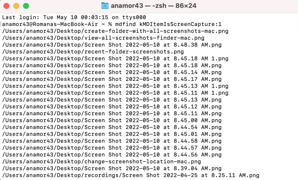 use the terminal to find screenshots on mac