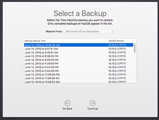 choose backup to restore macos