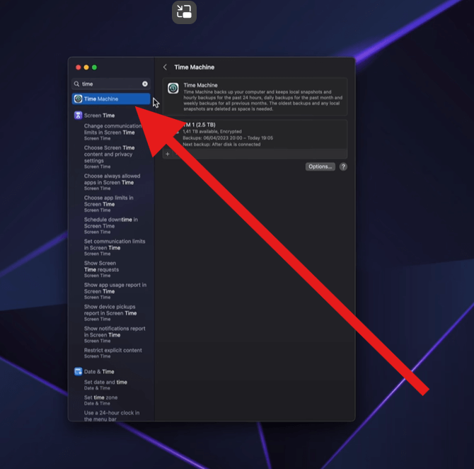 click the time machine under General