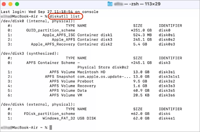 diskutil list return
