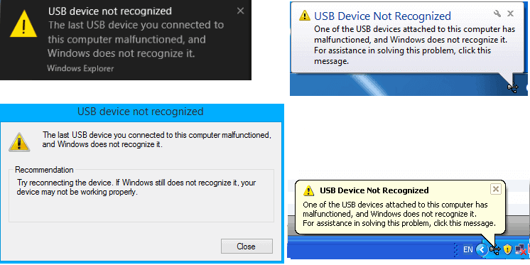 pop up of usb device not recognized