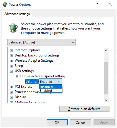 turn off usb selective suspend setting to fix usb device not recognized