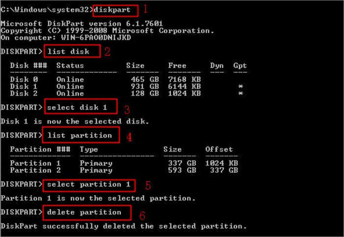 command prompt to remove partition