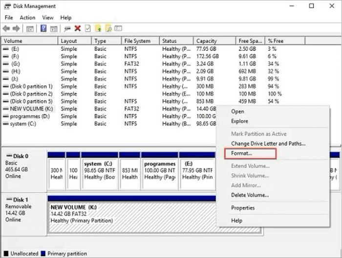 format sd card to camera on disk management